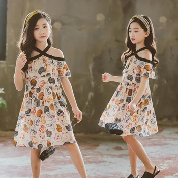 

Girls Dress Toddler Summer Dresses for Kids Children 2019 Off Shoulder Cat Pattern 3 4 5 6 7 8 9 10 11 12 13 Years