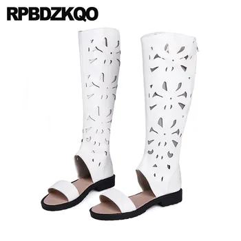 

Cut Out Sandals White Wedding Boots Long Cutout Designer Shoes Open Toe 10 Tall 2018 Women Cheap Flat Big Size Knee High Summer