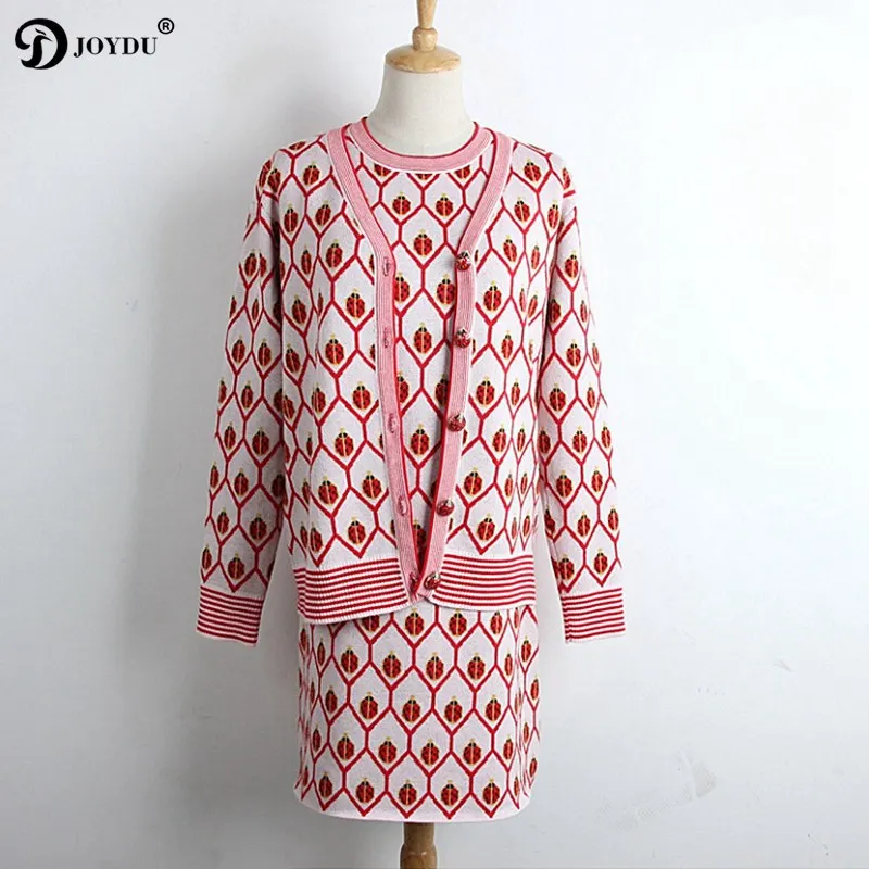 

Runway Knitted 2 piece Set Women Tracksuit 2018 New Winter Clothing Ladybug Geometric Jacquard Sweater Tank Dress Suit JOYDU