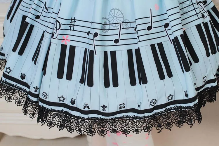 Женские юбки с принтом пианино, небесно-голубые милые трапециевидные юбки в стиле Лолиты, супер милые юбки в стиле хорпсикорда, плиссированная кружевная юбка с кошкой