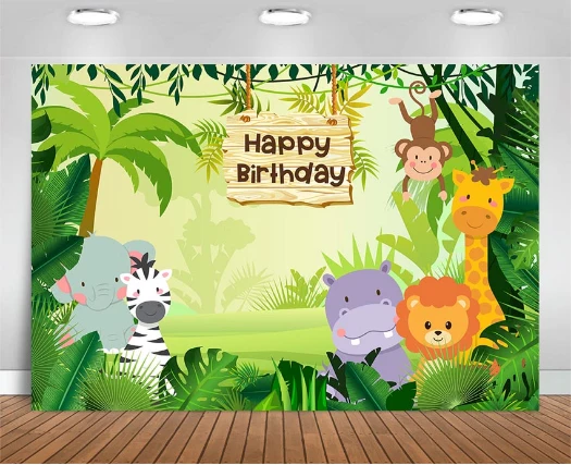Baby Shower Backdrop Jungle 7x5ft Zoo Animals Happy Birthday Background Kids Vinyl Wild One Blue Butterfly with Rainbow Safari Backdrops for Video Photoshoot 