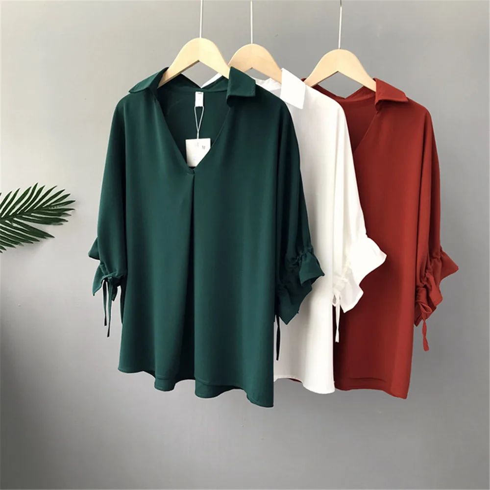 High quality Casual Chiffon V-neck Loose Shirt Office Wear 2018 White Women Blouse Shirt Half Batwing Sleeve Summer Elegant top (26)