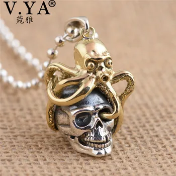 

V.YA Unique Brass Octopus + 925 Sterling Silver Pendants fit Necklaces for Men Women Cool Skull Jewelry