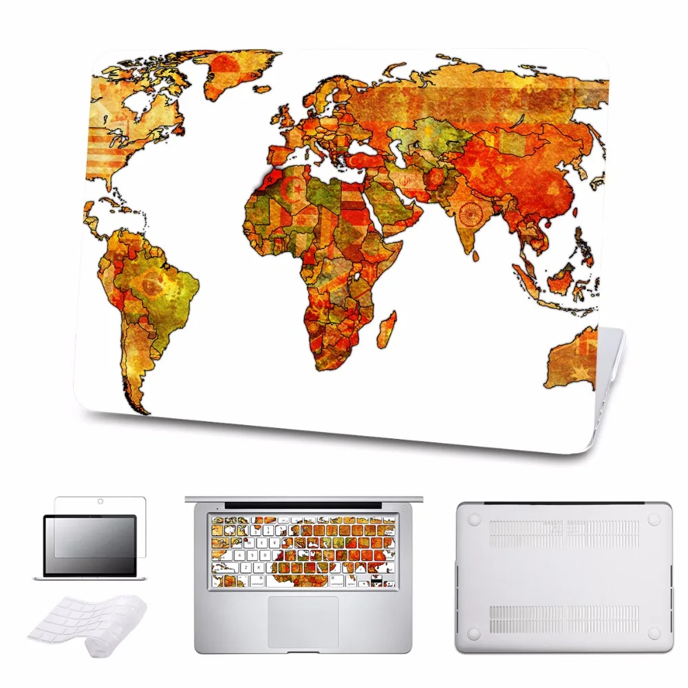 

For Macbook Case Vintage World Map Cover For Air/Pro 11 12 13 15 Ratina 2016 Touch bar Laptop Hard Cases Shell 5 in 1 Bundle