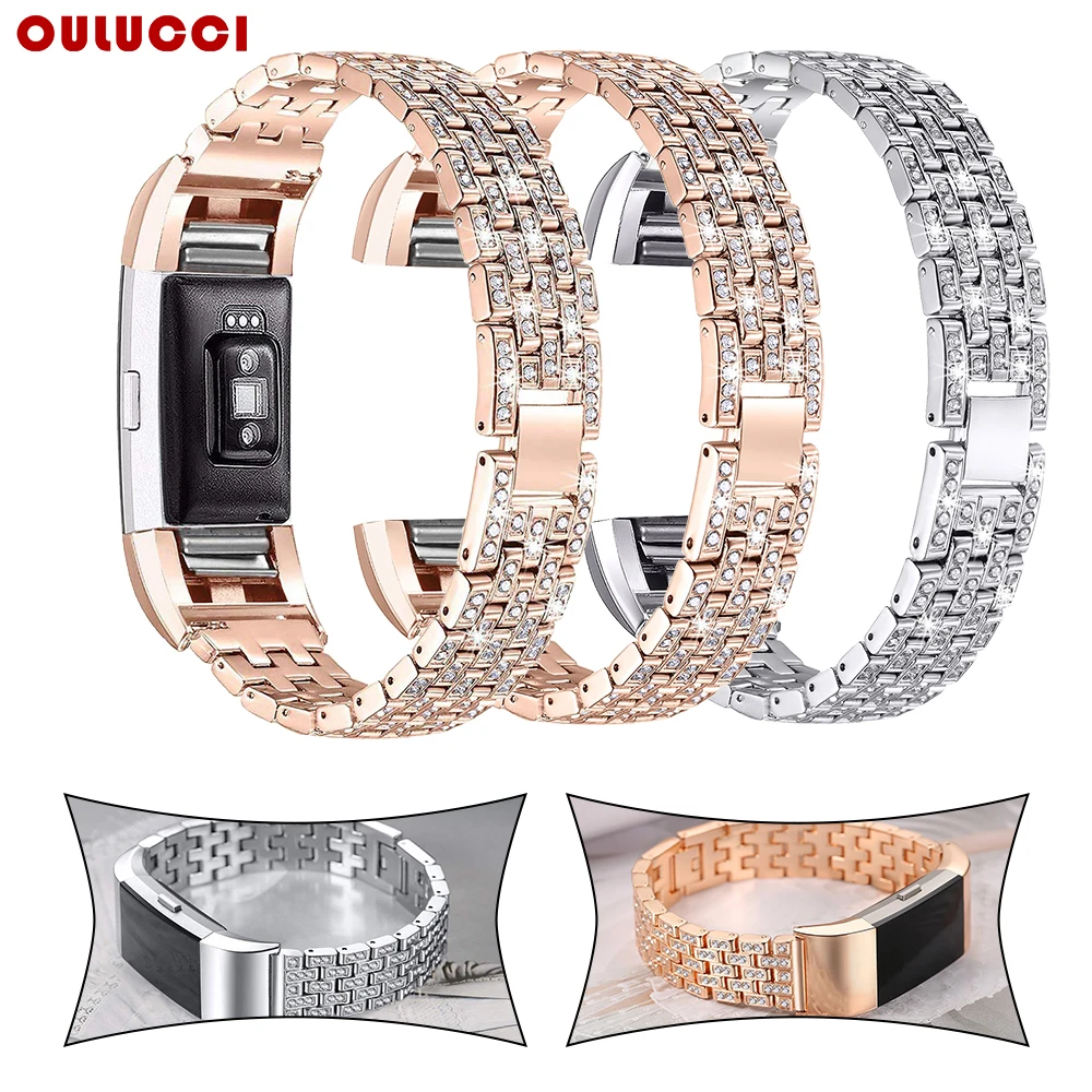 

Oulucci Watch Band For Fitbit Charge 2, Replacement Metal Bracelet Adjustable Fitbit charge 3 Bands with Rhinestone band