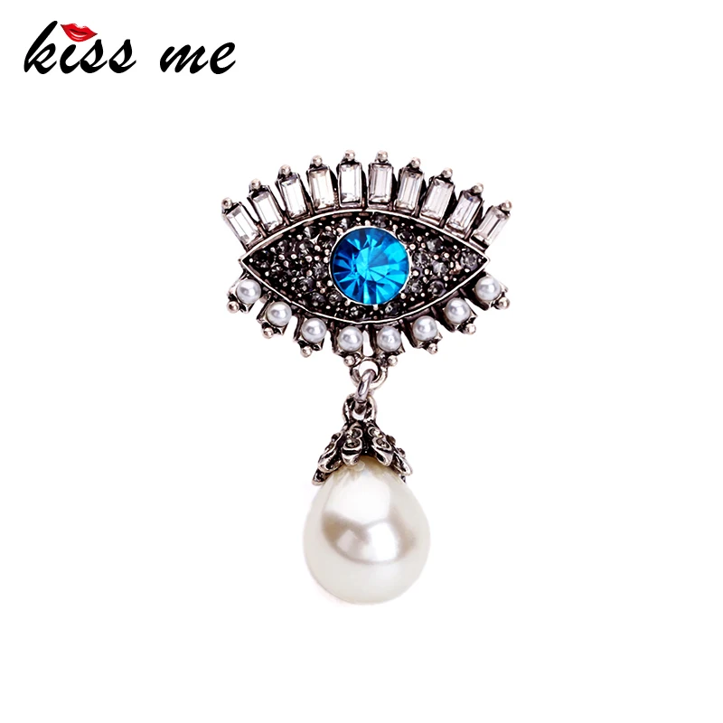 

KISS ME Blue Eye Crystal Brooches for Women Simulated Pearls Pendants Alloy Vintage Jewelry Valentines Gift