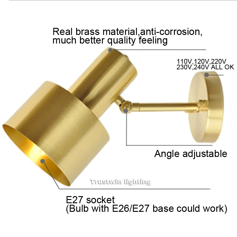 Минималистичный медный латунный настенный светильник светодиодный прикроватный Туалет Ванная комната для чтения настенный светильник светодиодный бра Современный простой золотой настенный светильник