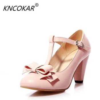 

KNCOKAR 2017 new bowknot is pure color low help shoes heels thick with round head pu shoes female t shoes size 34-43