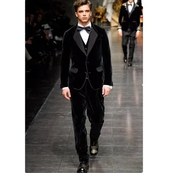 

Black Velour Jacket Pants Set Slim Fit Men Suit Groomsmen Groom Tuxedo Regular Fit Velvet Prom Men Suits(Jacket+Pants+Vest)