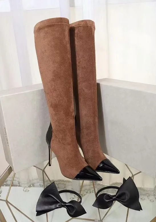 

Dipsloot Women Sweety Butterfly-knot High Heels Knee High Boots Ladies Fashion Mixed Color Slip-on Long Boots Girls Flock Shoes