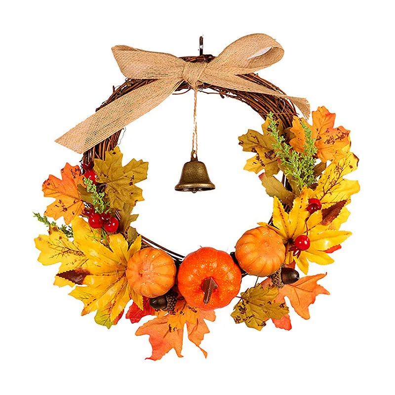 

Yellow Artificial Christmas Wreath Maple Leaf Pumpkin With Bell Fake Plant Garland Decoration For Home Door Garden Wall Indoor