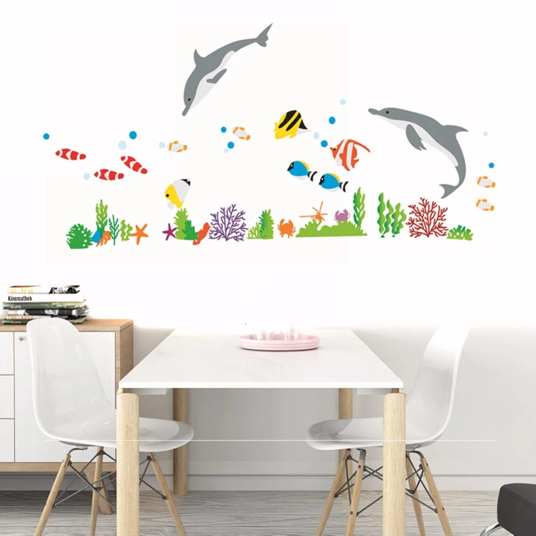 Newest  Dolphin & Fish Bathroom Decor Wall Stickers Paper Kids Bedroom Vinyl Paper