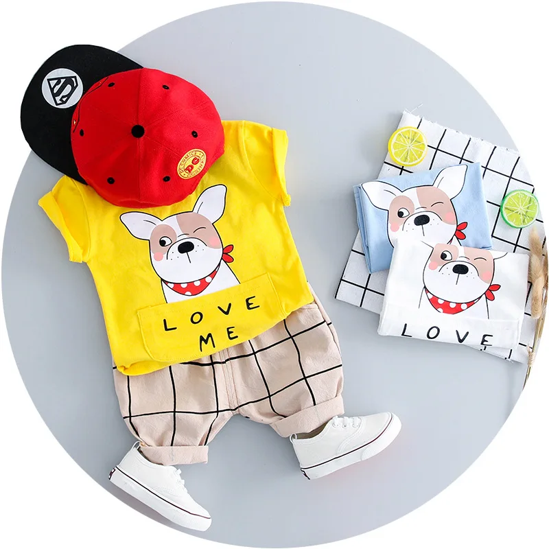 

Wholesale Summer Cotton Baby Boy Clothing Suit Short Sleeves Puppy Pattern T-Shirt + Shorts 2 Piece Baby Boy Girl Sports Suit