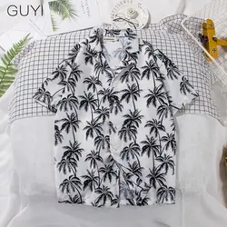 GUYI белая рубашка с принтом кокосового дерева Мужская Желтая однобортная блуза с коротким рукавом мужская Повседневная пляжная доска
