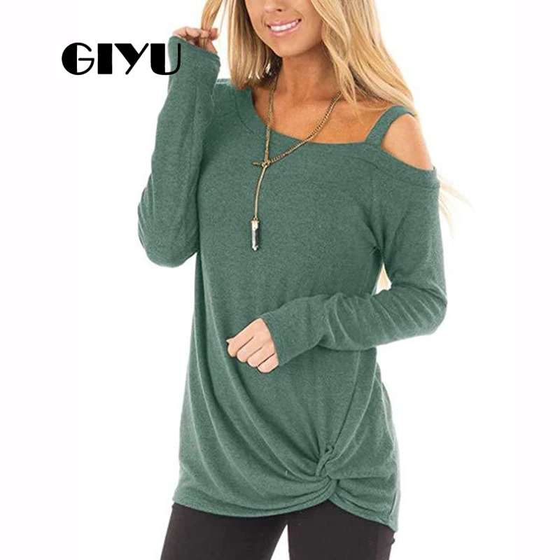 GIYU Autumn Solid Cold Shoulder Hoodies Women Long Sleeve Tee Casual Basic Sweatshirt Ruched Female camiseta mujer