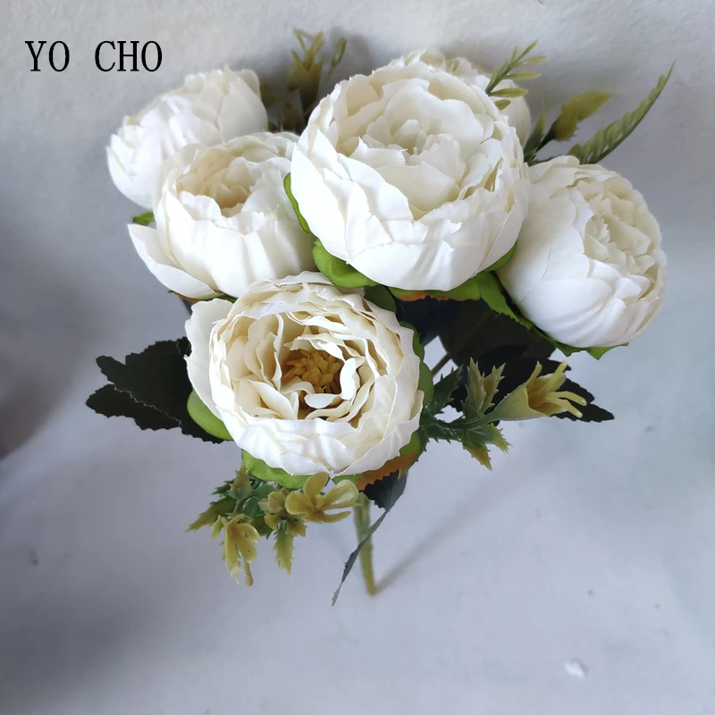 YO CHO 6 Heads Peony Bouquet Artificial Flower High Quality Silk White Roses for Wedding Decoration China Fake Plastic Flowers