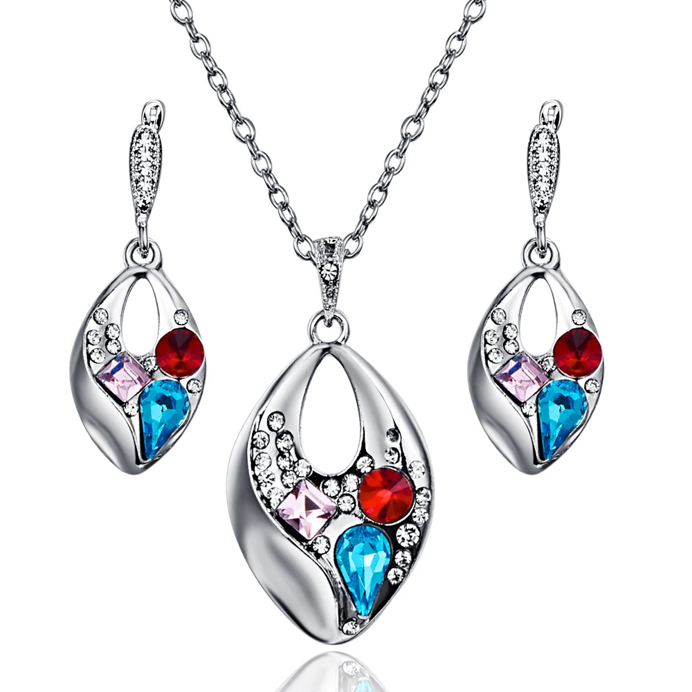 Trendy Exquisite Water Drop Jewelry Sets Blue Red Crystal Hollow