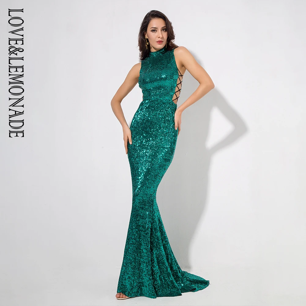 Achat Love   limonade vert col côté découpé queue de poisson Slim élastique paillettes longue robe LM1151