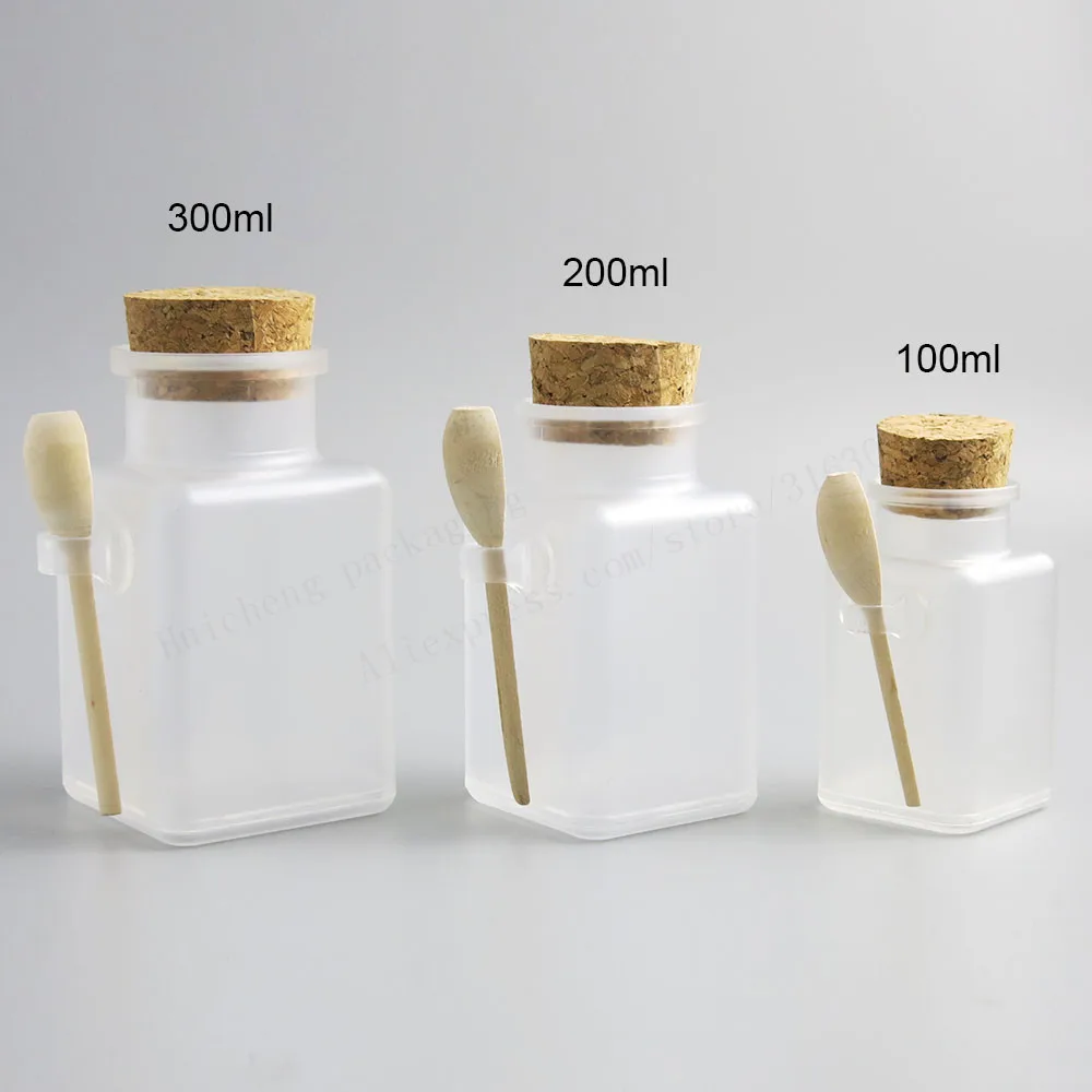 

12 X 100G 200G 300G Refillable Square ABS Bath Salt Bottle Containers 200ml Powder Plastic Bottle with Cork Jar with Wood Spoon