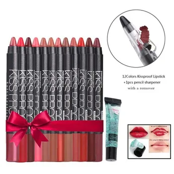 

MR0005 Make up set 12 Color/Pack Kiss proof Waterproof Lipstick Gift 1Pcs Pencil sharpener and 1Pcs Remover gel drop ship 5366