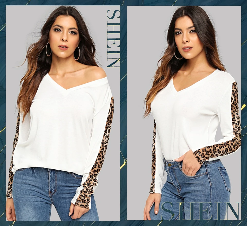 SHEIN Футболка С V-Образным Вырезом С Леопардовым Принтом Модная Футболка С Длинным Рукавом