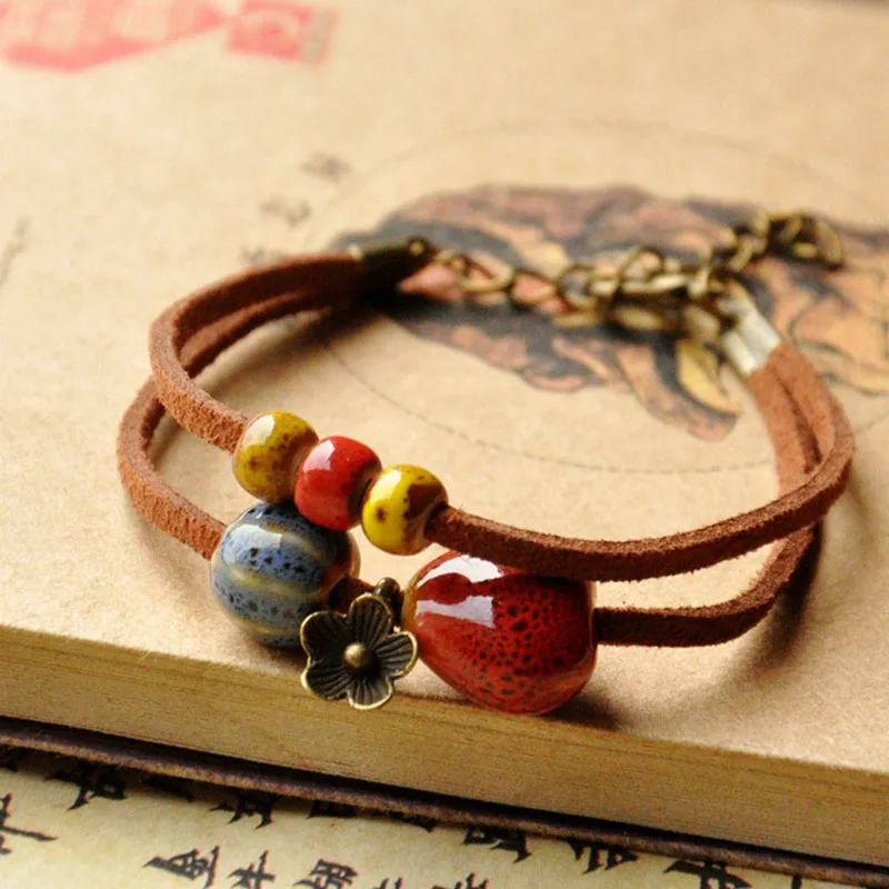 

Charms Bracelet Heart Ceramic Beads Strand Bracelets For Women Double Leather Bead Bangle Jewelry Ethnic Rope Knot Bangles Gift