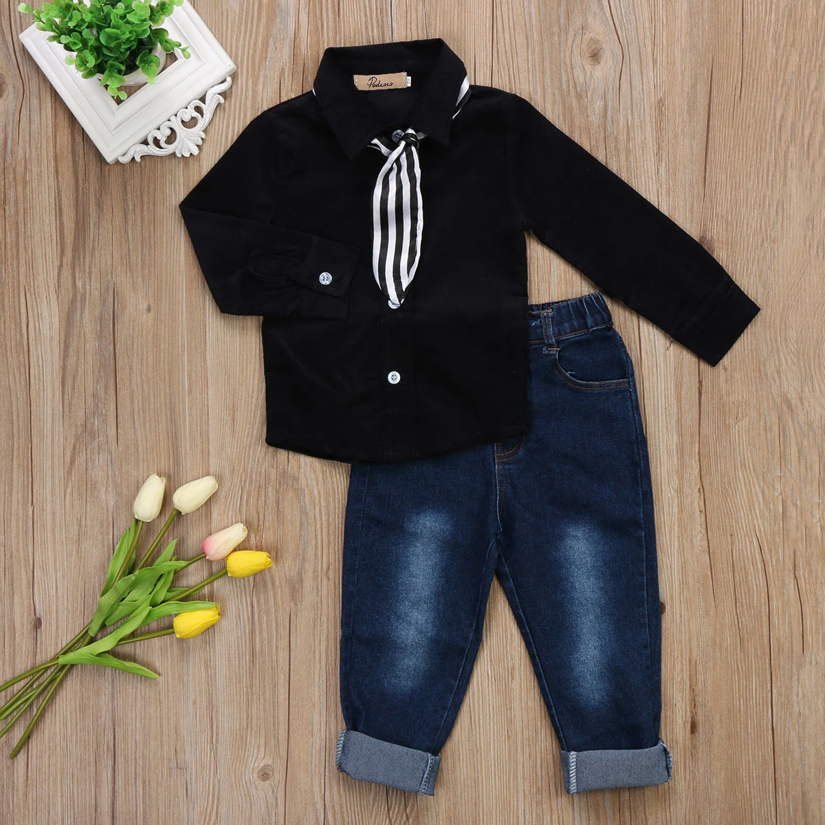 

Newest Fashion Little Boy Gentlemen Cool Clothing Set Boys Tie shirt Jeans Formal Spring Autumn Kids Clothes 2-7 T 2019