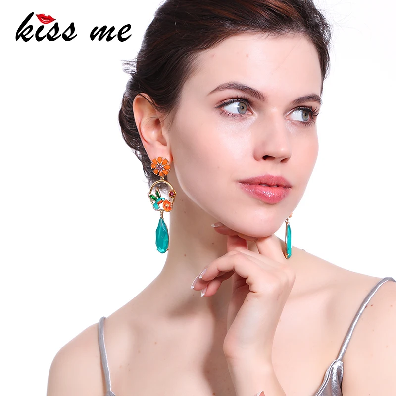 KISS ME Colorful Water Drop Flower Bird Earrings Women Cute Crystal Enamel Drop Earrings Fashion Jewelry