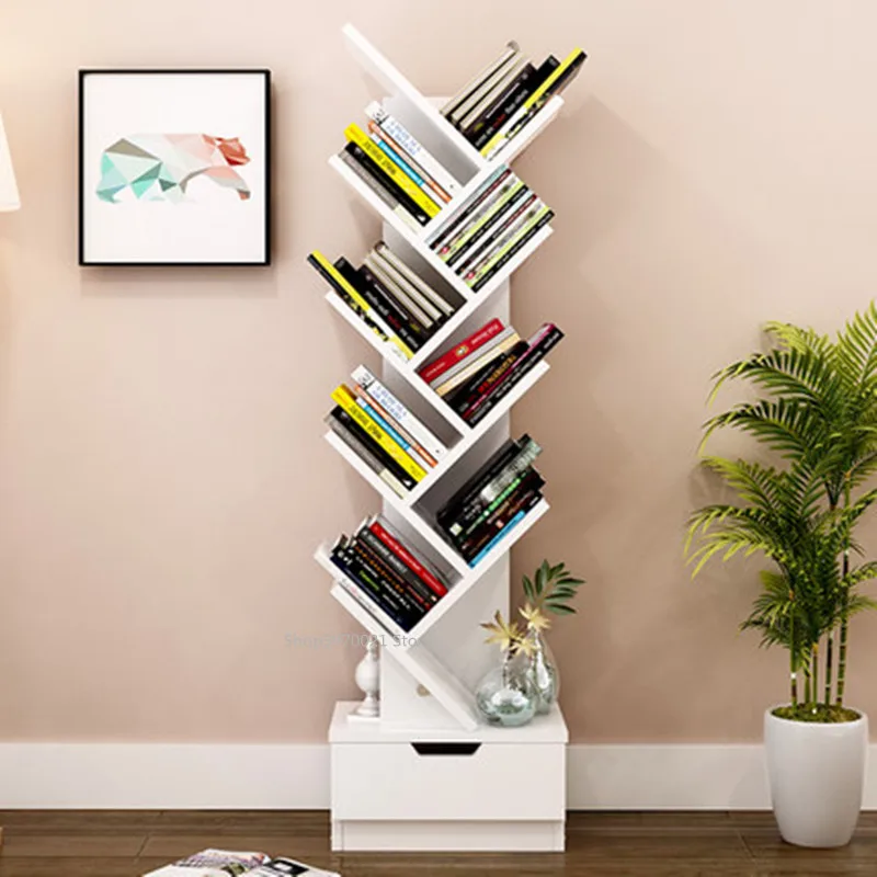 Modern 5-9-Tier Office Bookcase Wood Bookshelf Tree Storage Shelf Floor Standing Bookcase Organizer for Living Room