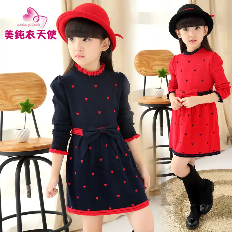 

Girls dresses winter thick for Teenagers 5 6 7 8 9 10 11 12 13 years child costume new fashion cute bow love pattern print dress