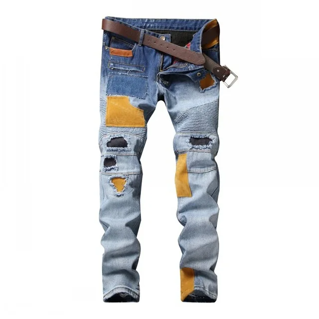 

High Quality Ripped Jeans European American Designer Men Jeans Spliced Patchwork Pants Punk Blue Straight Moto Biker Jeans