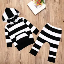 2PCS Baby Striped sets Boys Girl Autumn Hooded Sweatshirt Tops Pants Outfits Tracksuit 0-24M