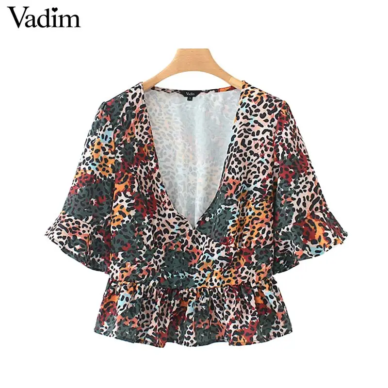 

Vadim women stylish Leopard print V neck blouse elastic waist ruffles patchwork flare sleeve design female casual tops DA358
