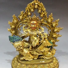 Bi001147 1" Бронзовый 24 К Золото живопись Желтый Jambhala Богатство Бог Поездка лев Статуя Будды
