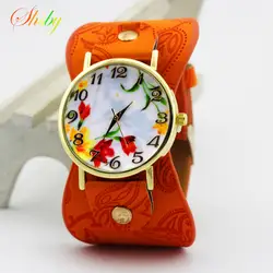 Shsby новых печатных кожаный браслет наручные часы широкая полоса платье часы с прекрасными цветами модные женские туфли Повседневное часы