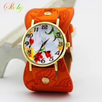 

shsby new Printed leather Bracelet Wristwatch Wide band Dress Watch with lovely flowers Fashion Women Casual Watch girl's gift