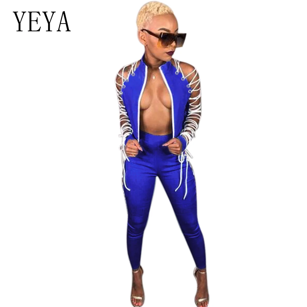 YEYA 2 Piece Set Lace Up Bandage Jumpsuit Stand Neck Zipper Hollow Out Bodycon Romper Sexy Party Club Wear Long Sleeve Overalls