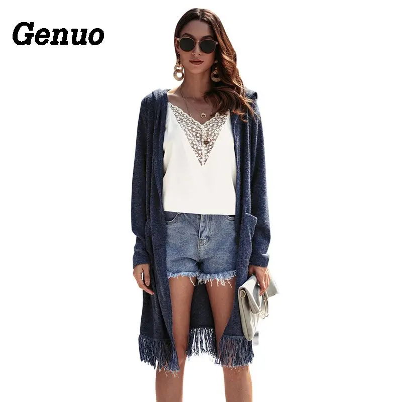 Genuo Women Knitted Cardigan Coat Autumn Winter Long Sleeve Loose Tassel Sweater Jacket Elegant Female Hooded Outwear Overcoat