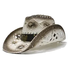 LUCKYLIANJI Ретро Для женщин Для мужчин летние соломенные пляжные широкими полями ковбойской Западная пастушка Hat Hollow два Пистолеты знак кожаный ремешок(58 см