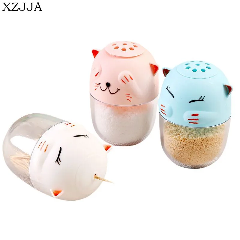XZJJA الكرتون القط البلاستيك التوابل جرة التوابل الفلفل الملح علب حاوية علب حامل عصي الأسنان المطبخ أداة تخزين زجاجات