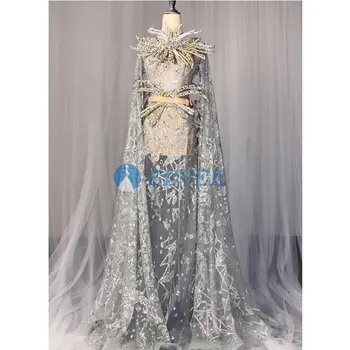 

Sexy Shining Sequins Evening Dress Perspective Long shawl Long Dresses Female Singer Mesh Stage Wear Costume Nightclub Show
