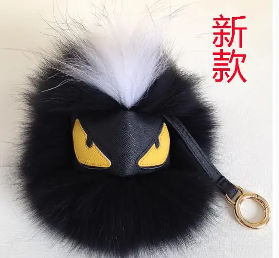 free shipping 1PCS black leather wallet Pom Pom real fur monster doll keychain charm golf cart
