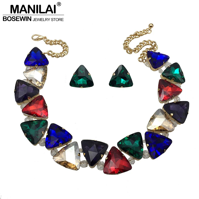 

MANILAI Fashion Jewelry Set For Wedding Triangle Big Crystal Statement Earring Chokers Necklaces Sets Rhinestones Multicolor