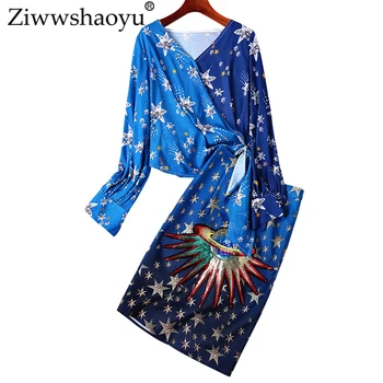 

Ziwwshaoyu Fashion Print Sets V-Neck Bow Top + Sequined empire pencil skirt elegant Slim Set Spring and summer new women's