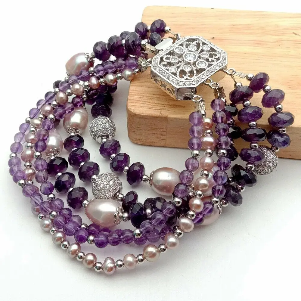 8" 6 Strands Cultured Purple Pearl Ametyst Bracelet