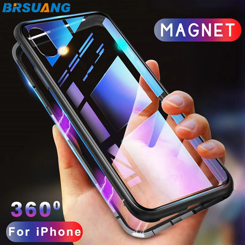 

100pcs/lot BRSUANG Luxury Magnetic Metal Phone Case Clear Tempered Glass Back Magnet Cases For iPhone XS MAX XR X 8 7 Plus Etc.