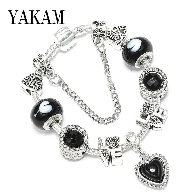 

Black crystal CZ heart beads fit Original fashion bracelets charms DIY letter love bracelet bangles for women girl jewelry gifts