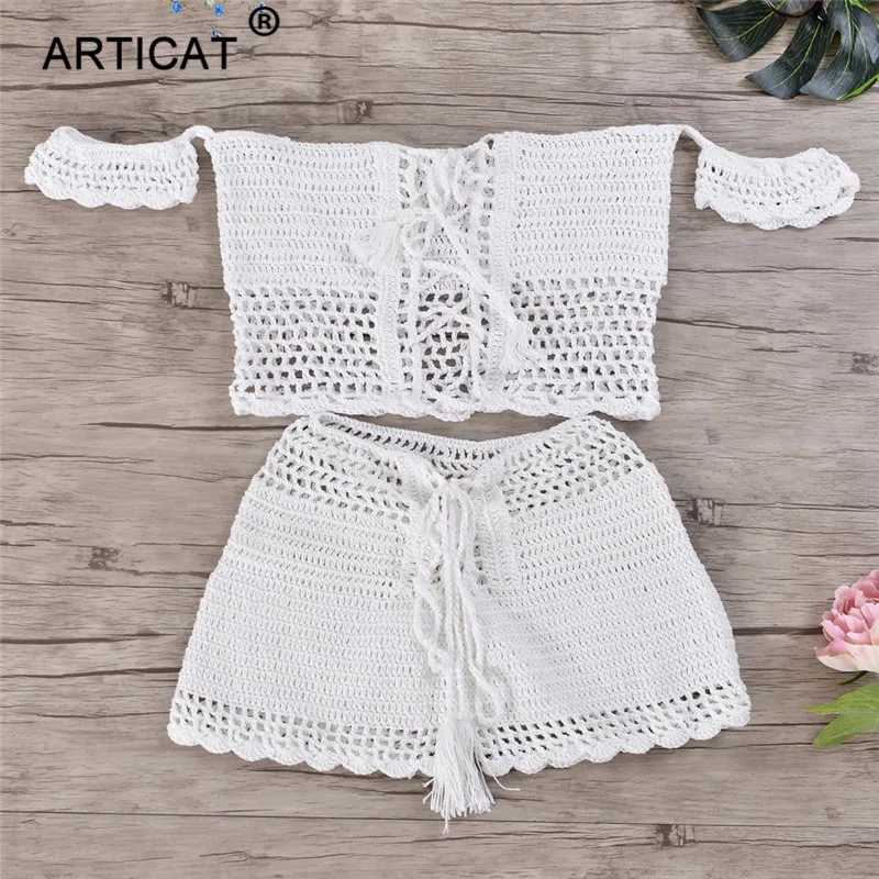 ARTICAT на шнуровке вязанные крючком шорты для женщин летние пляжные Boho 2020 средняя