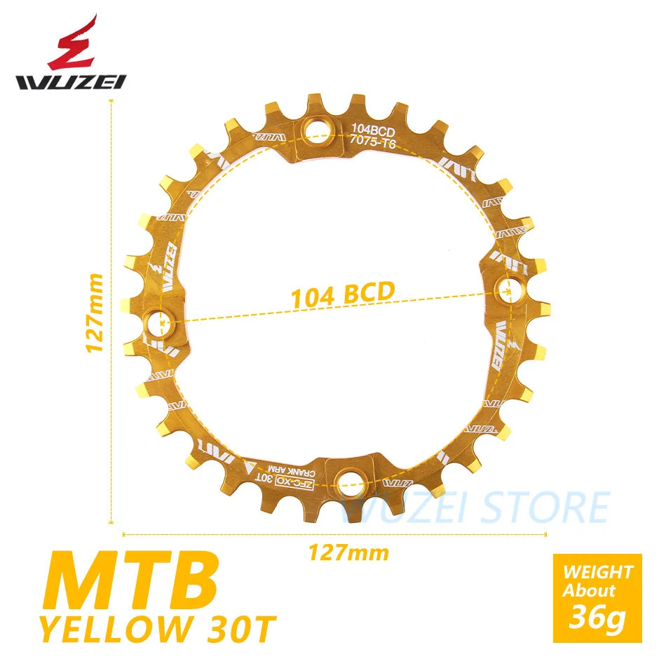 WUZEI велосипедная кривошипная Звездочка 30T 104BCD велосипедная круглая узкая широкая Ультралегкая 7075-T6 MTB велосипедная цепь круглая шатунная пластина - Цвет: yellow