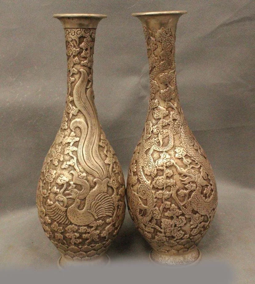 

13" Marked China Chinese Dynasty Palace Silver Dragon Phoenix Statue Vase Pot